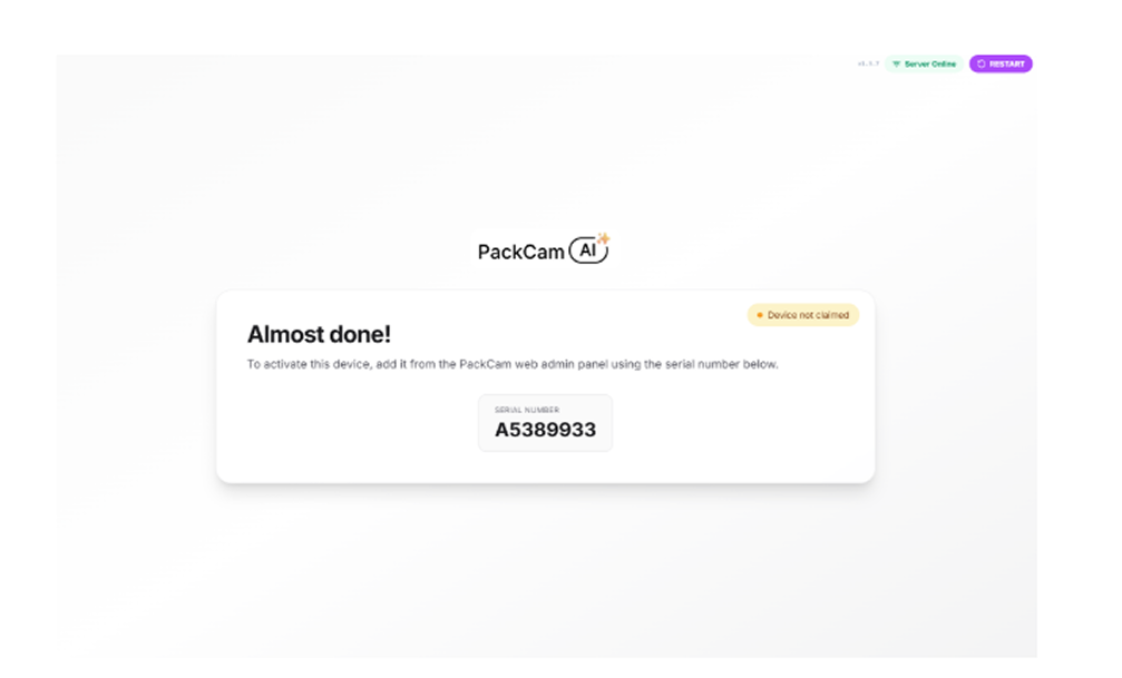 PackCam device Connect this device screen with serial number and Connect Device button