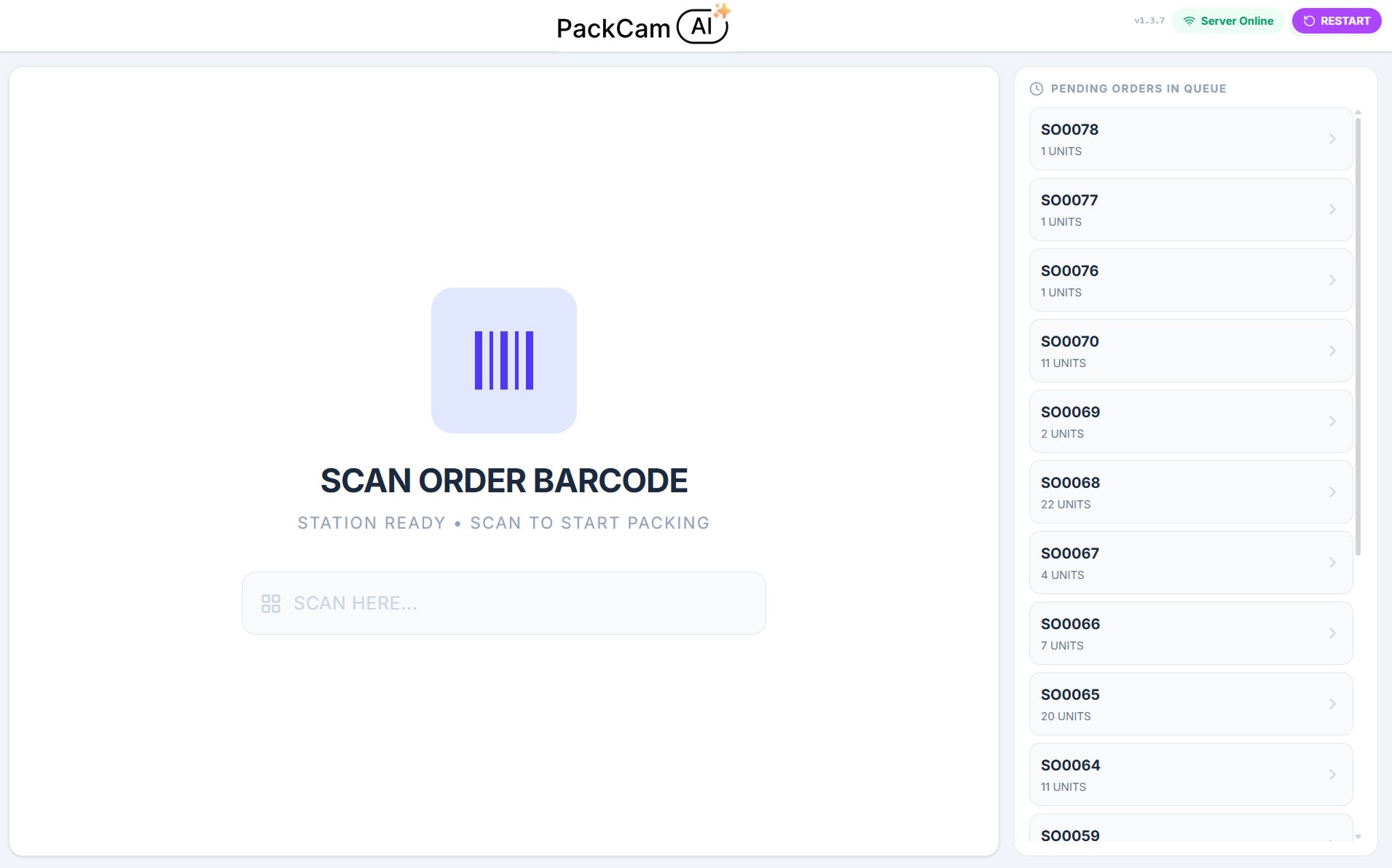 PackCam device app welcome screen with Scan QR Code and Manual Login options